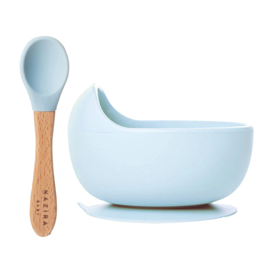 NAZIRABABY Silicone Baby Bowls and Spoons First Stage - Bowl with Spoon Set for Baby and Toddler - BPA Free Suction Bowls - Microwave Dishwasher and Freezer Safe (Frosty Blue)